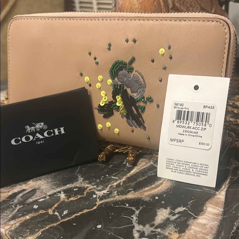Coach Beige Wallet with Green and Yellow Embellishments